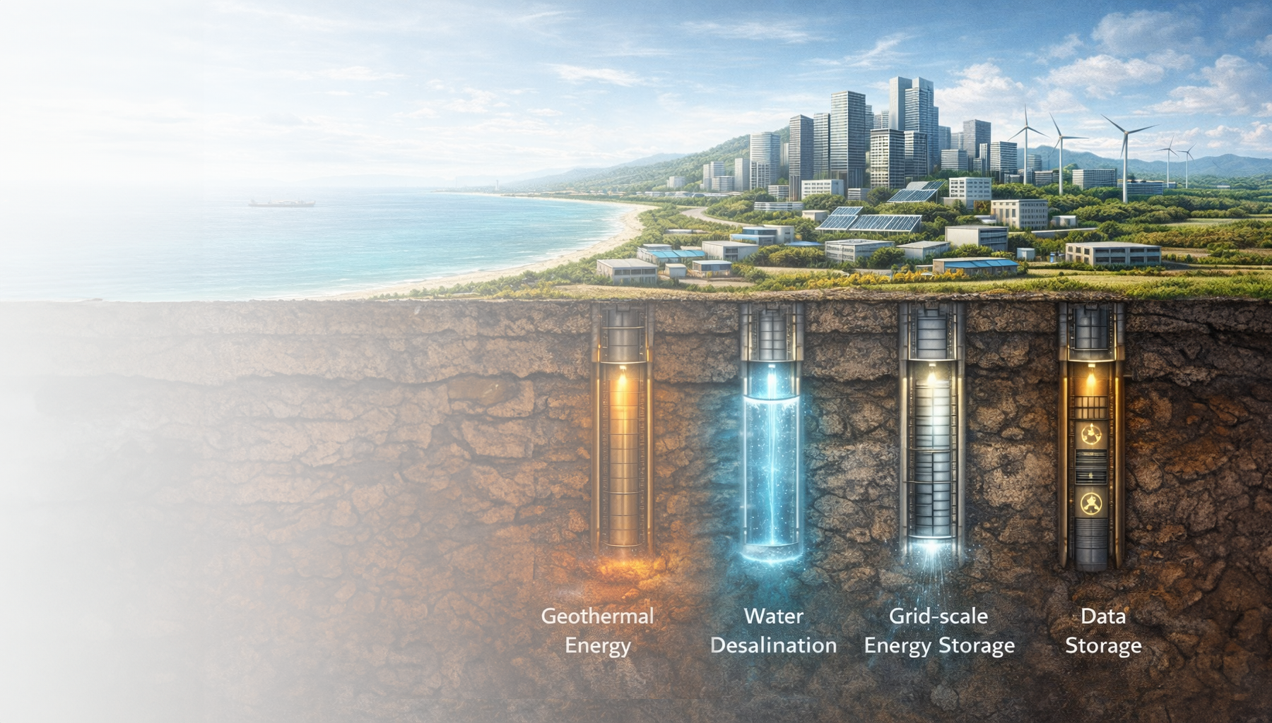 Conceptual city cross-section showing vertical subsurface infrastructure